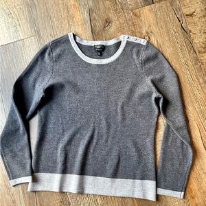Talbots Pure Merino Wool Gray Light Gray Trim Sweater Button Accent Petite